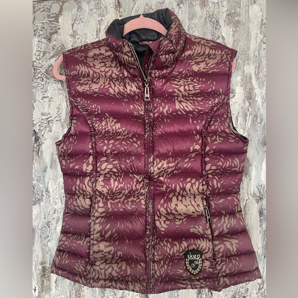 Women's SKEA Full Zip Down Puffer Vest-Burgundy-Abstract Print-Burgundy Red-Sz 8